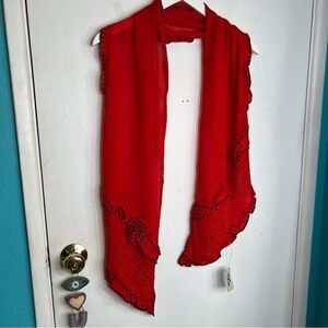 Pretty Angel red scarf new with tags bright red black trim beaded